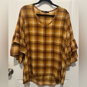 NEW!! Cure. Brown & Yellow Plaid Ruffle Sleeve Blouse in Size 2X - NWOT! 🌻🤎💛